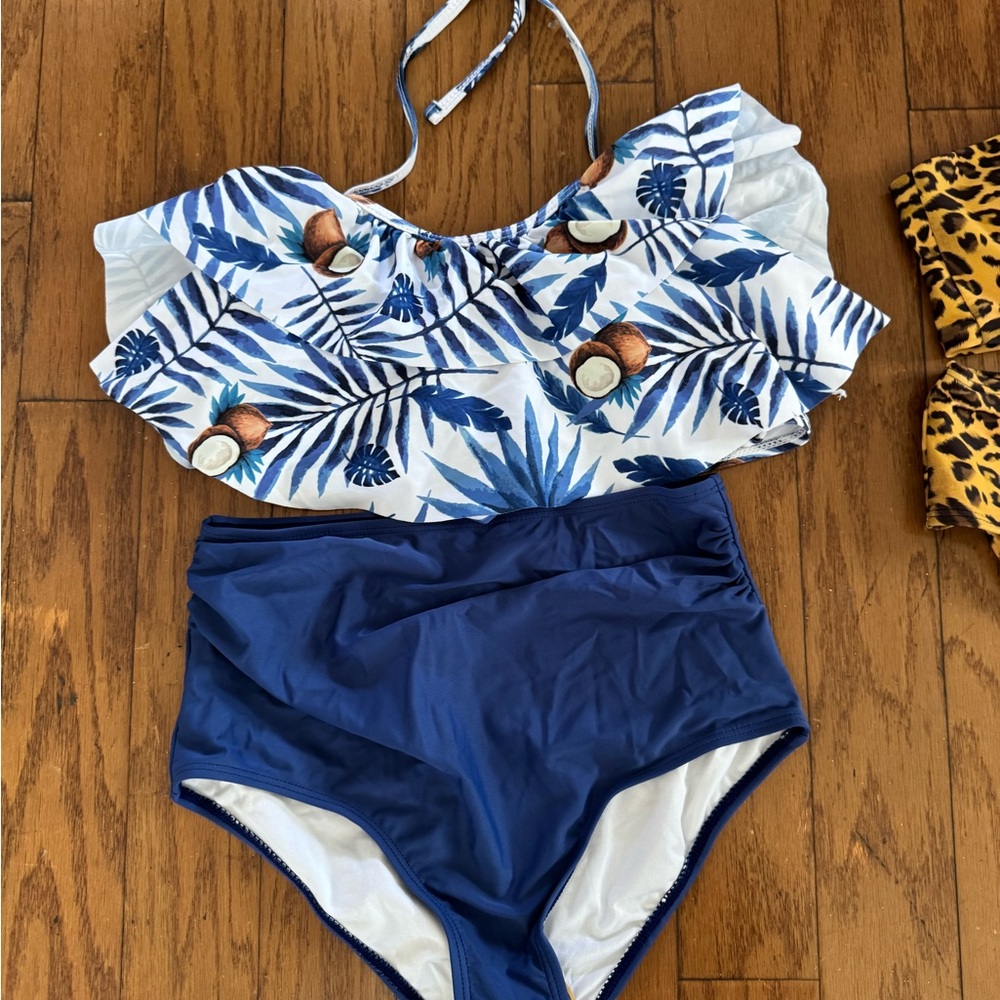 Tropical Blue Leaf Print Kids Swim Set